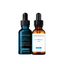 Two SkinCeuticals serum bottles, one blue and one brown, on a white background.